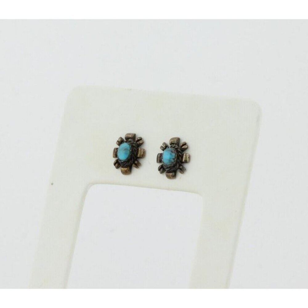 Sterling Silver Small Turquoise Earrings Stud Post 1/2" x 3/8" - Picture 3 of 8